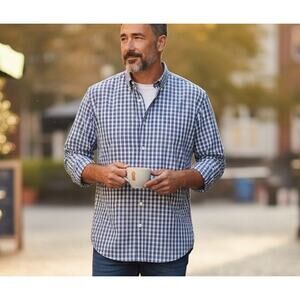 Chaps Easy Care Men's XL Button Down Shirt Logo Blue Plaid Office Casual Preppy